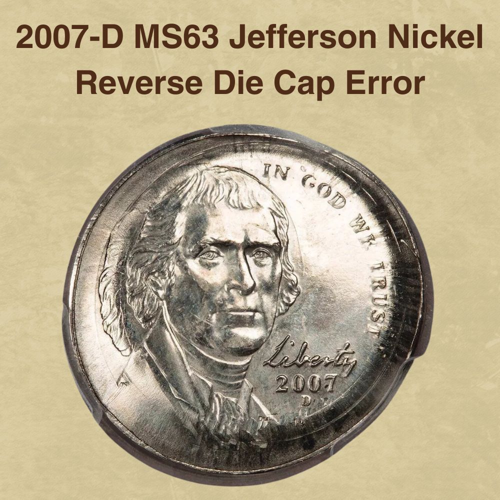 2007-D Jefferson nickel reverse die cap error showing coin shaped like a cap