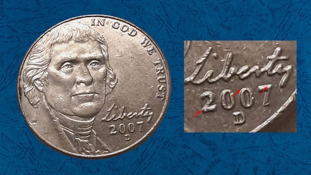 2007 Jefferson nickel doubled die obverse DDO error showing doubling on Jefferson portrait and lettering