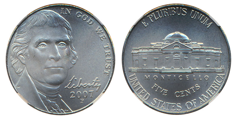 2007 Jefferson nickel grading strip showing four condition tiers from worn to gem uncirculated